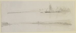 川沿いの2つのシーン、1858（オフホワイトの織り紙に鉛筆） 作： James Abbott McNeill Whistler